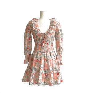 Vestique Sammie Peach Green Floral Smocked Deep V-Neck Mini Dress Small NEW